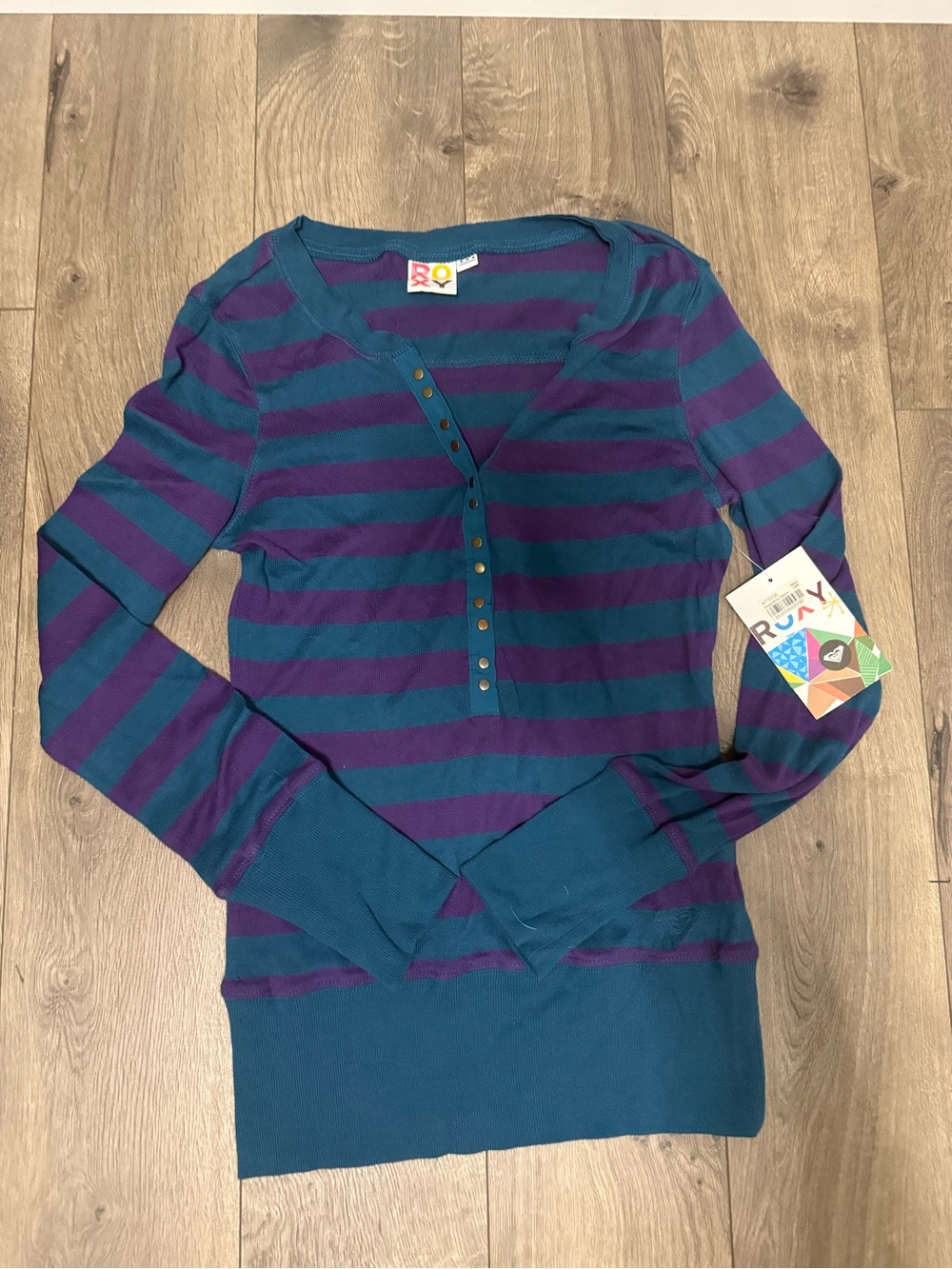 Roxy Teal and Purple Striped Long Sleeve Henley Top - Picture 4 of 12